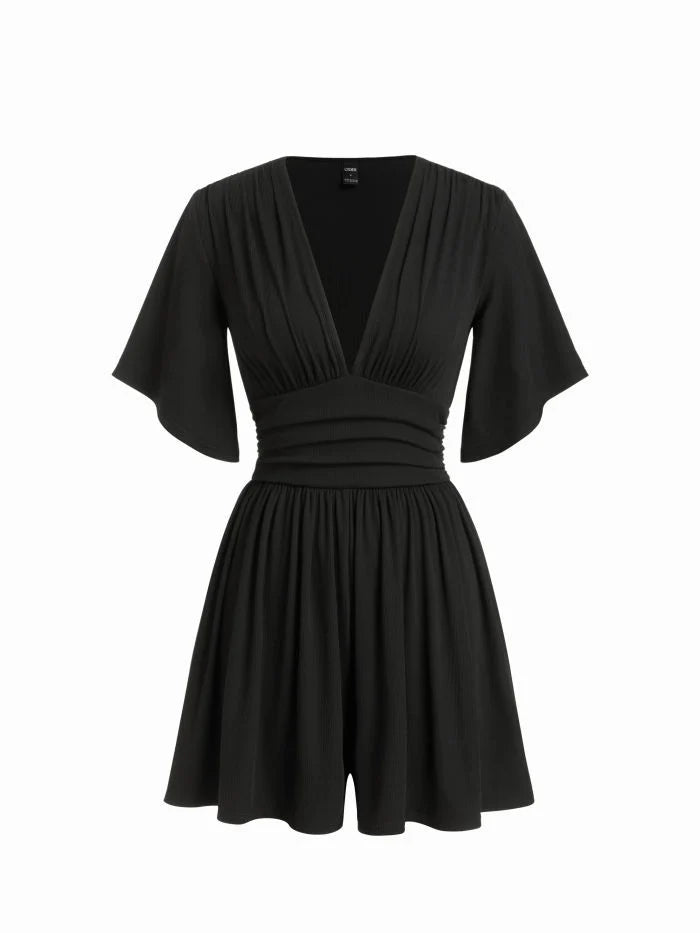 Robe noire élégante à col en V et manches évasées