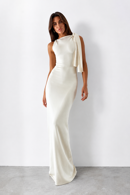 Robe Longue Élégance Épaule Drapée