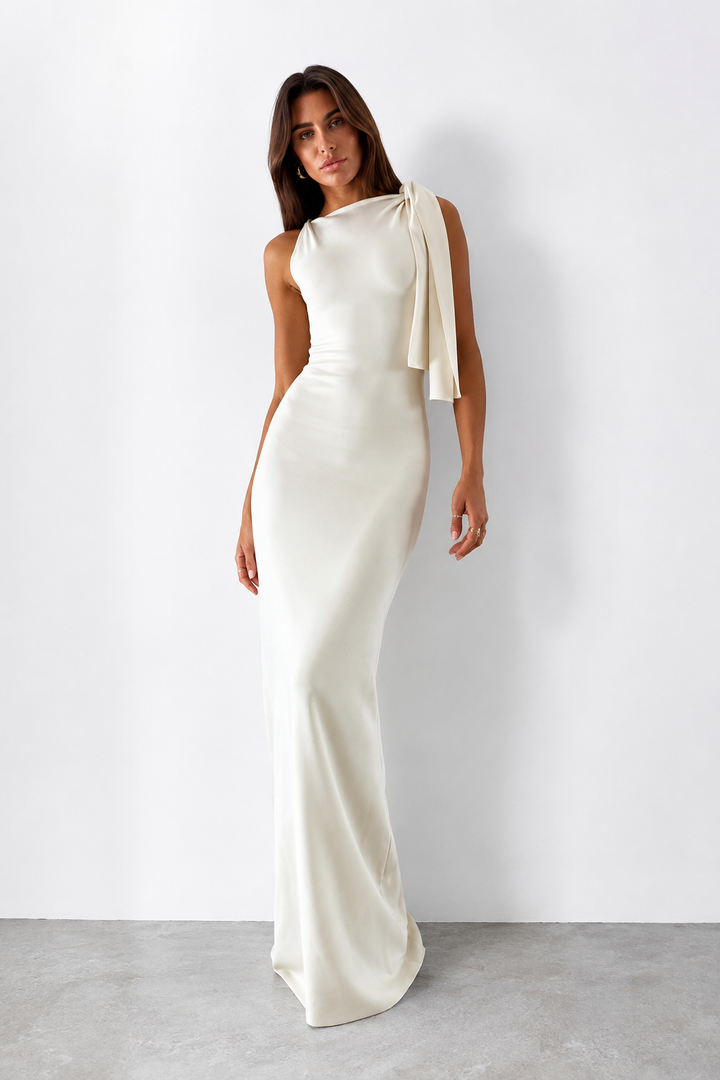 Robe Longue Élégance Épaule Drapée